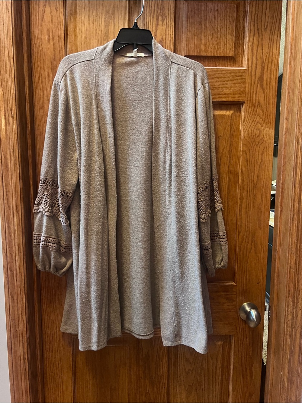 Maurices Taupe Open-Front Cardigan with Crochet Sleeve Detail